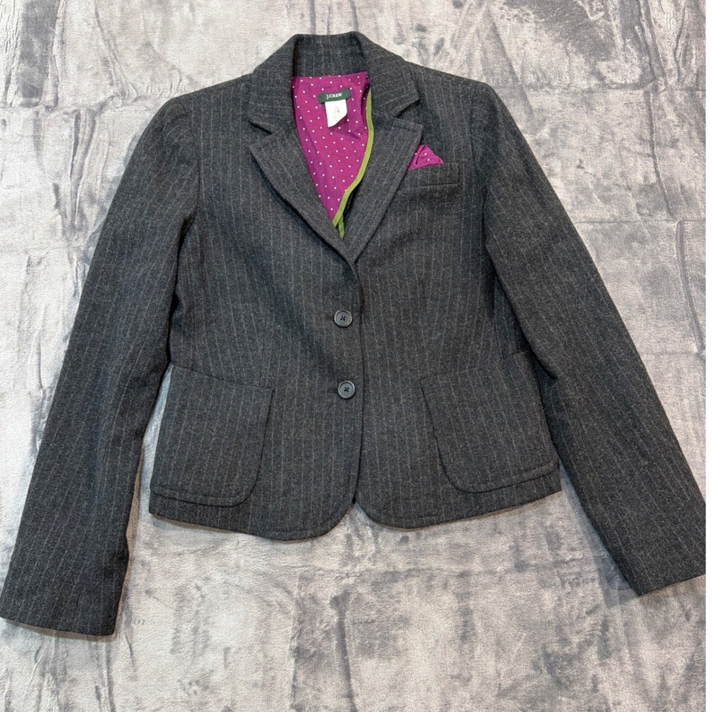 J.Crew Pinstripe Blazer Womens Grey Wool Blend Polka Dot Lining 6
